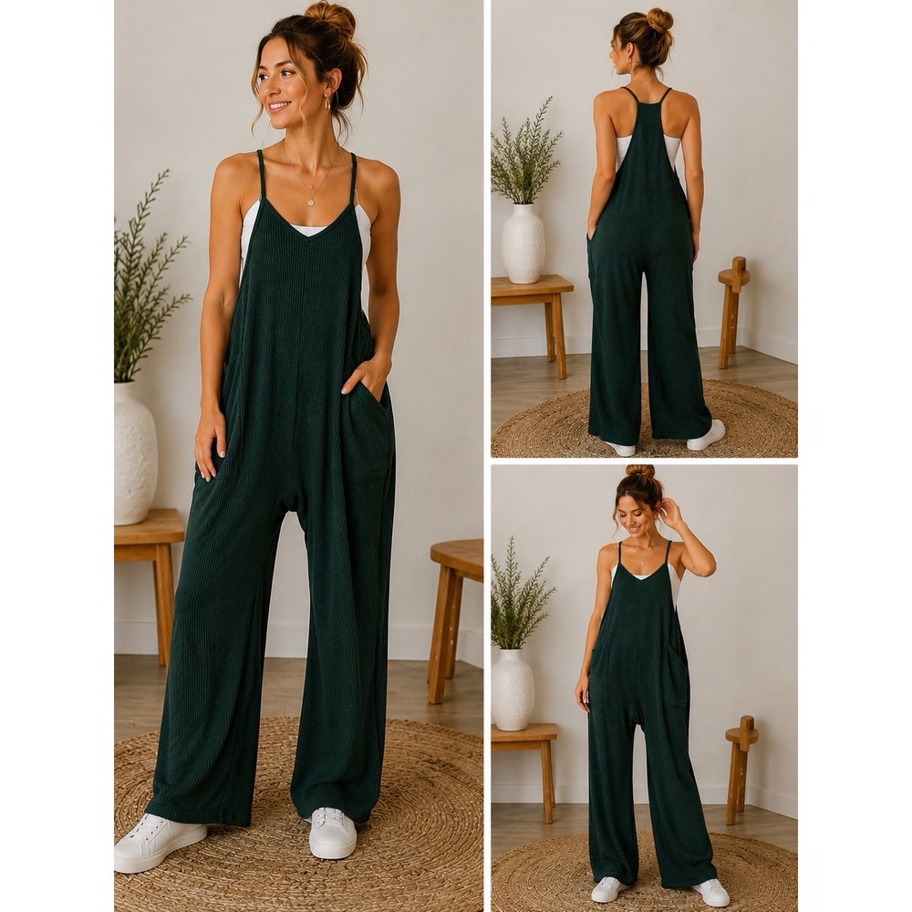 Sage & Sky Forest Green Ribbed Knit Jumpsuit Oversized Pockets XS